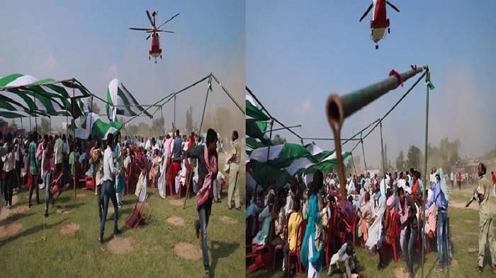 मुंगेर में नीतीश कुमार के हेलीकॉप्टर की लैंडिंग के दौरान उड़ गया पंडाल, भागने लगे लोग